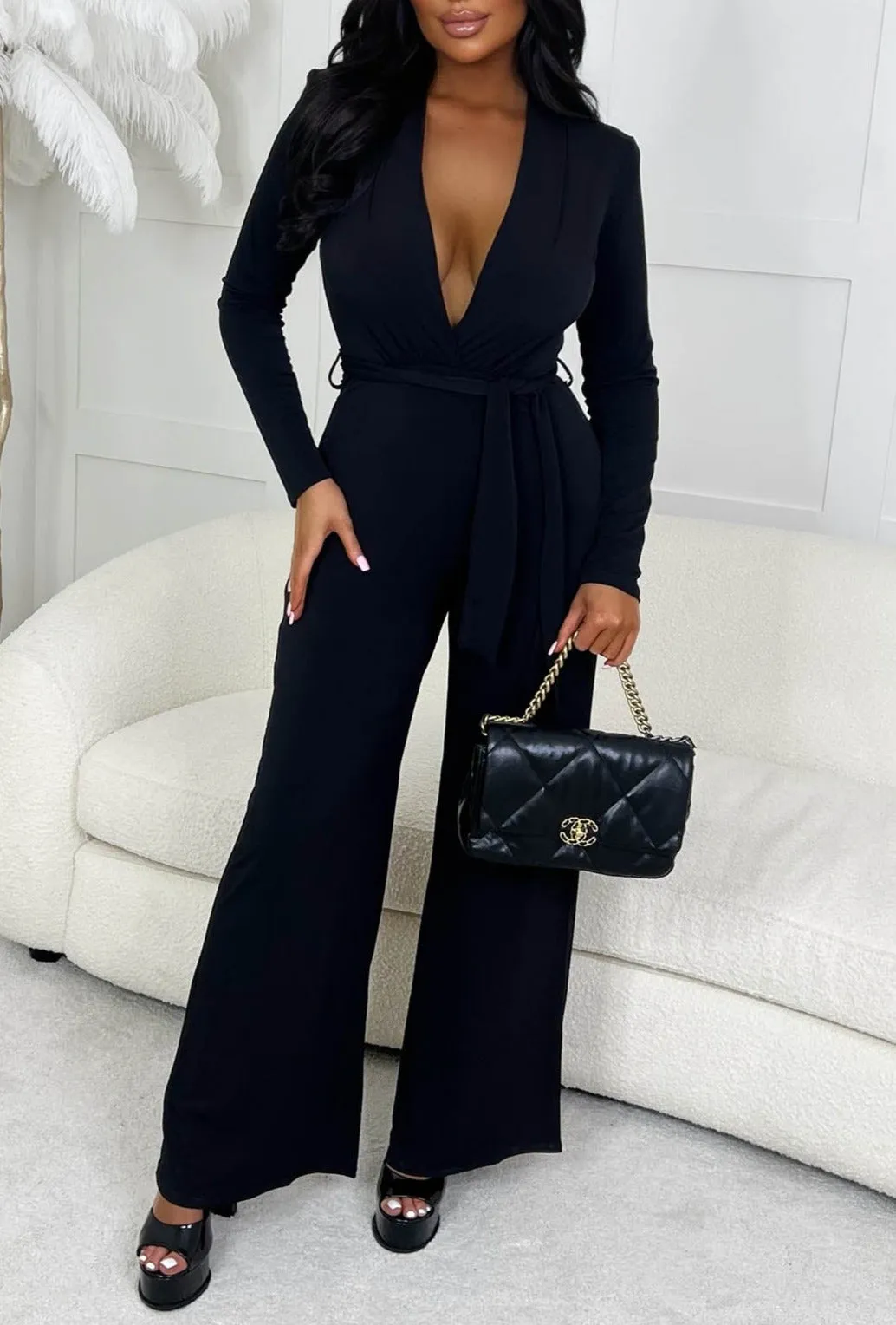 LA Girl Black Plunge Neck Jumpsuit