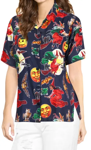 La Leela Halloween Women's Pumpkin And Scary Witch Printed Navy Blue Shirt
