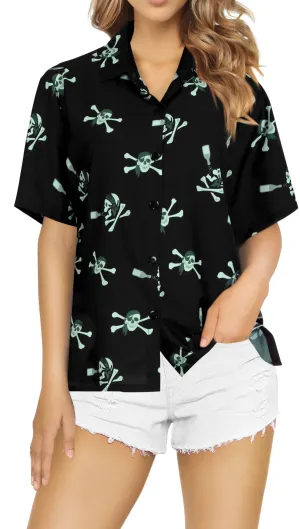 La Leela Halloween Women's Skull Cross Pirates Printed Black Shirt