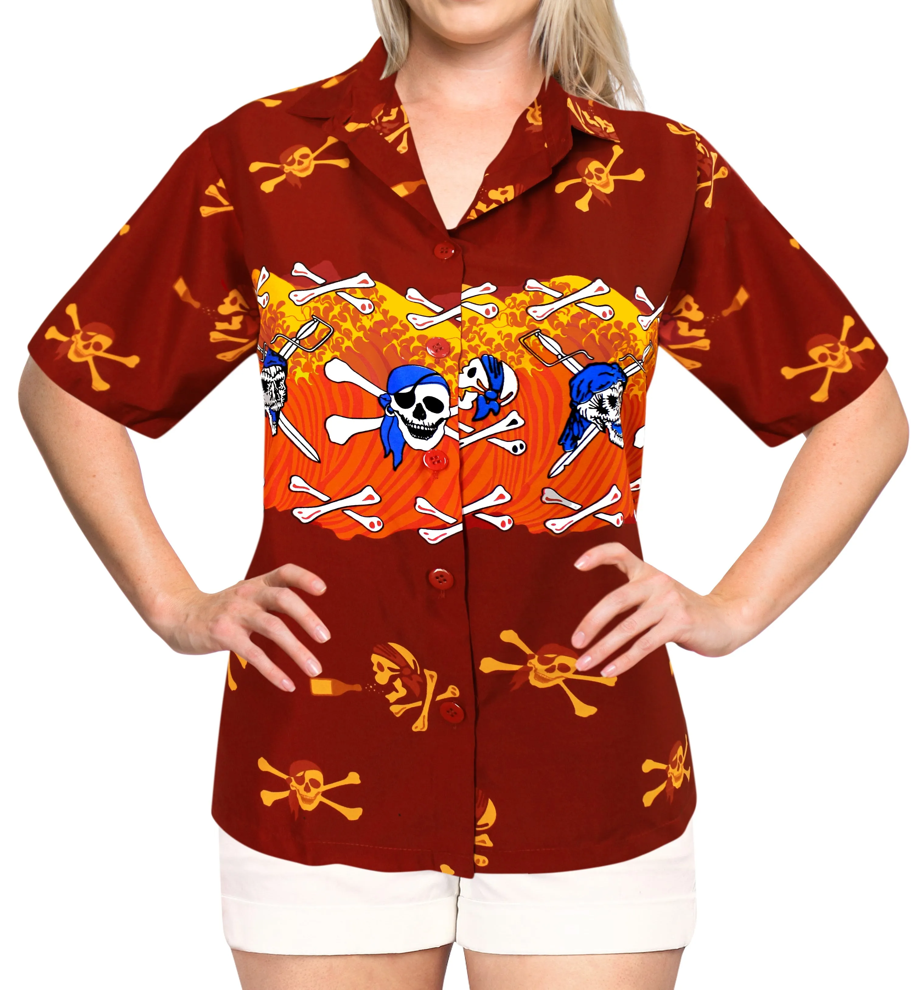 La Leela Women's Causal Halloween Skull Cross & Pirates Printed Bright Red Shirt