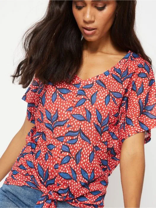 Ladies Tie Knot V-Neck Front Linen Look Top Blouse