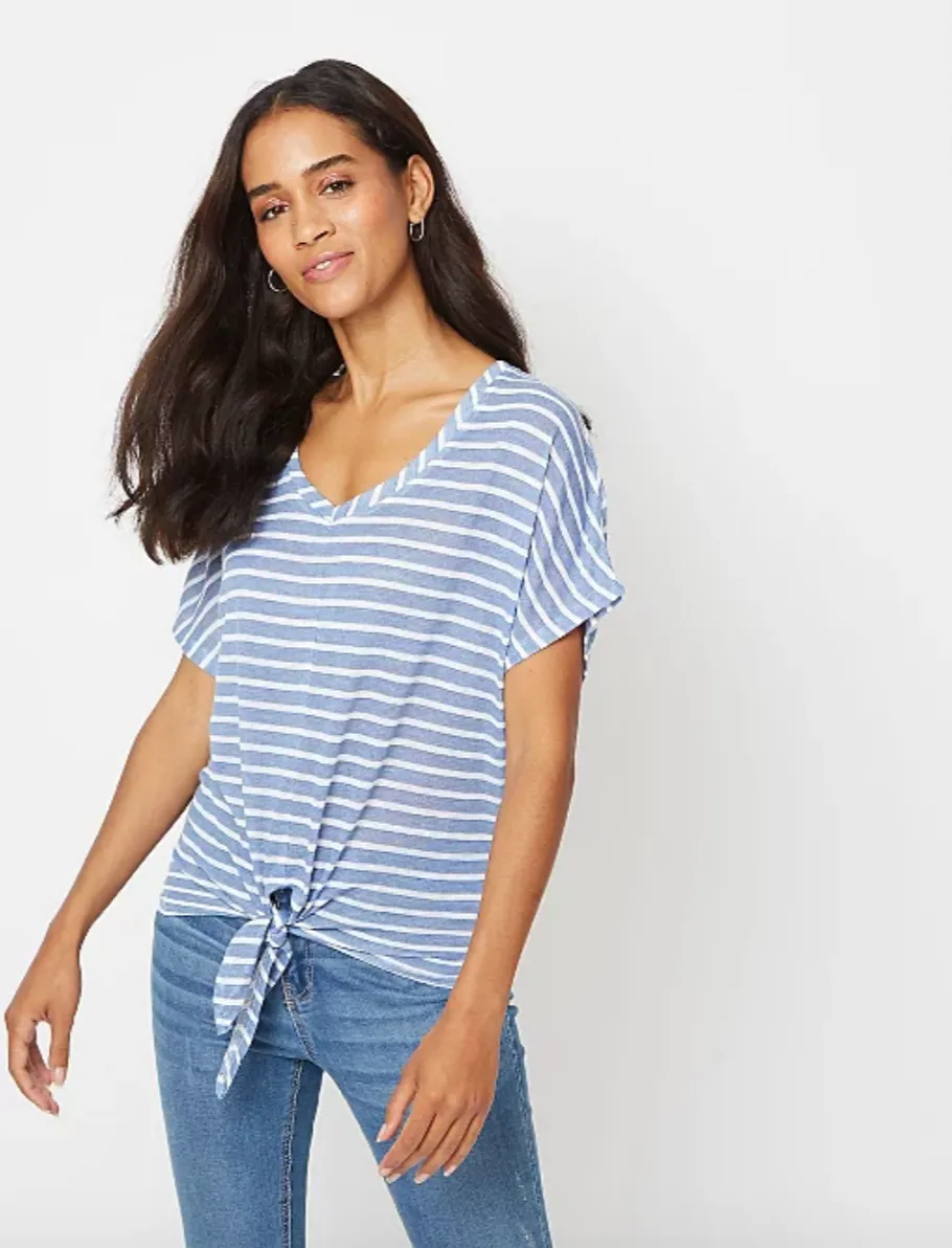 Ladies Tie Knot V-Neck Front Linen Look Top Blouse