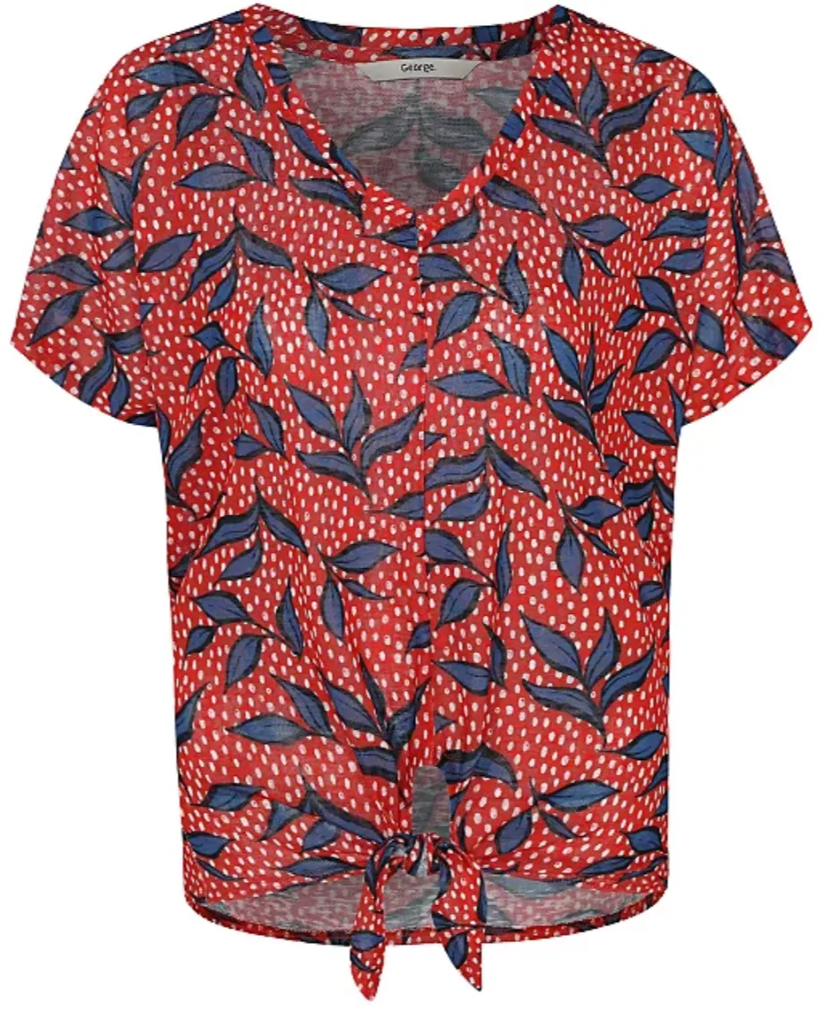 Ladies Tie Knot V-Neck Front Linen Look Top Blouse