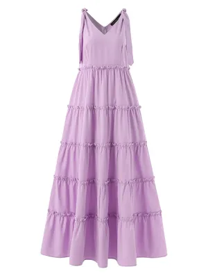 Leisure Solid Lettuce-Edge Knotted Zip V Neck Maxi Dress