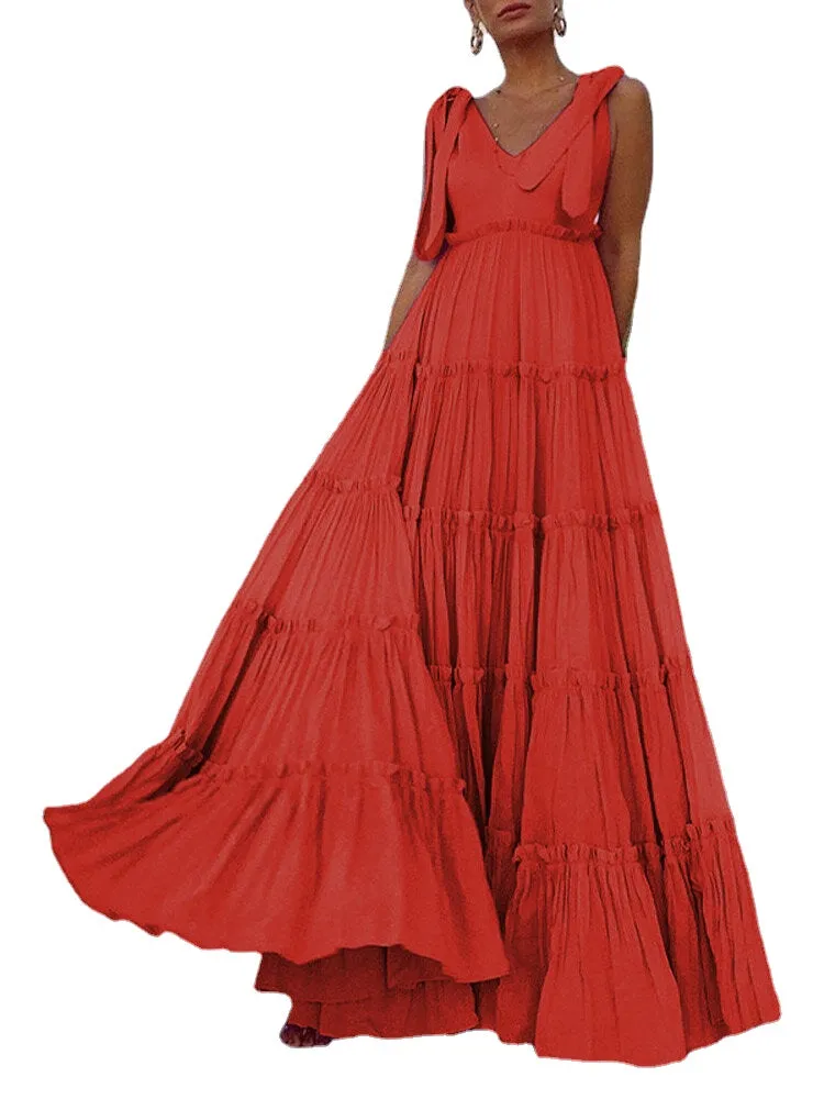 Leisure Solid Lettuce-Edge Knotted Zip V Neck Maxi Dress
