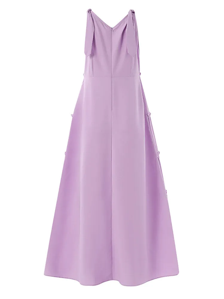 Leisure Solid Lettuce-Edge Knotted Zip V Neck Maxi Dress