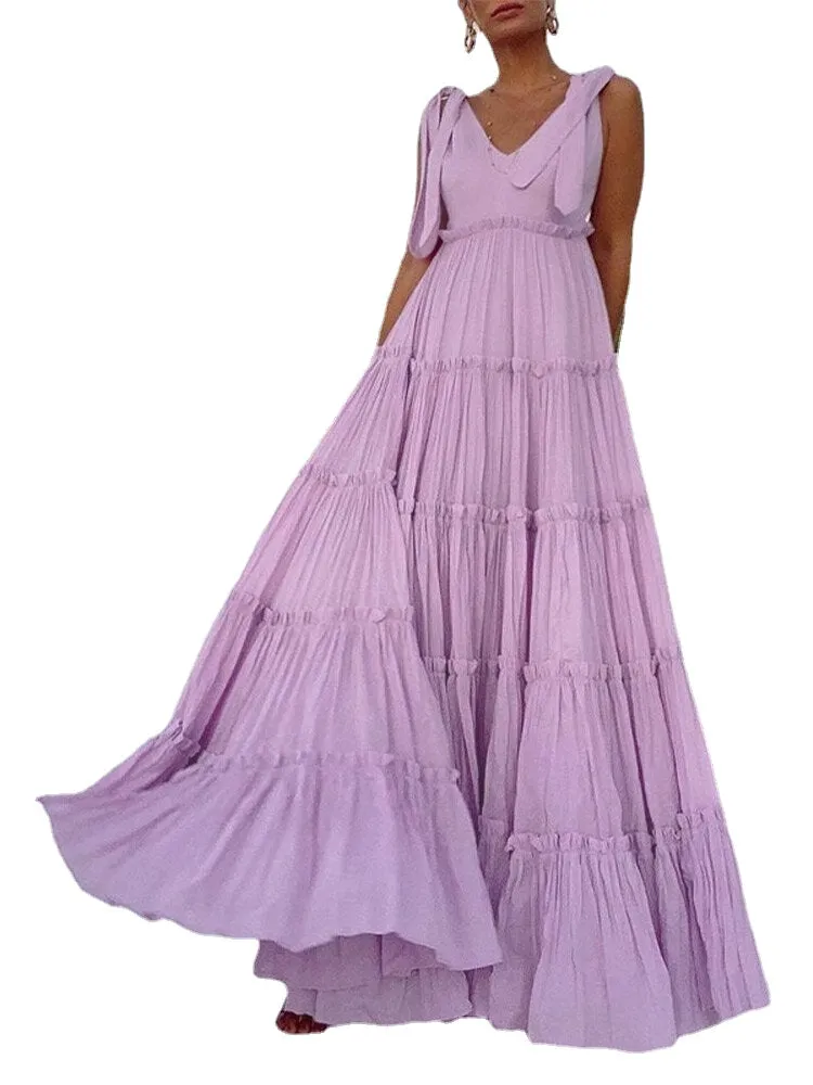 Leisure Solid Lettuce-Edge Knotted Zip V Neck Maxi Dress