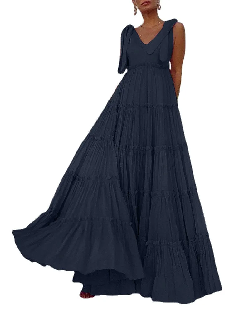 Leisure Solid Lettuce-Edge Knotted Zip V Neck Maxi Dress