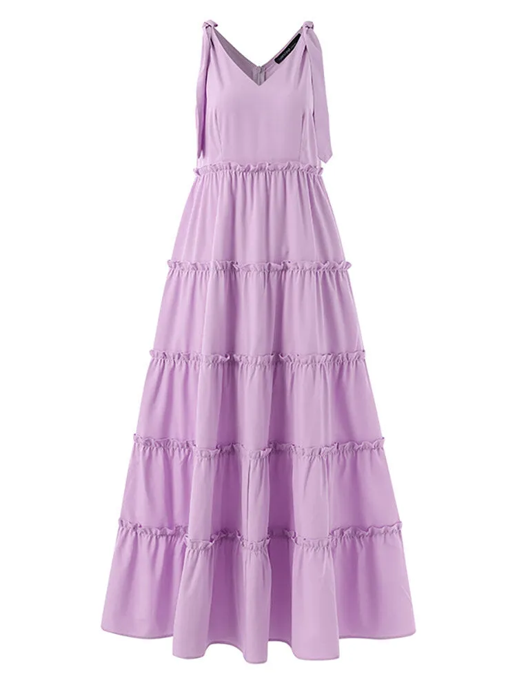 Leisure Solid Lettuce-Edge Knotted Zip V Neck Maxi Dress