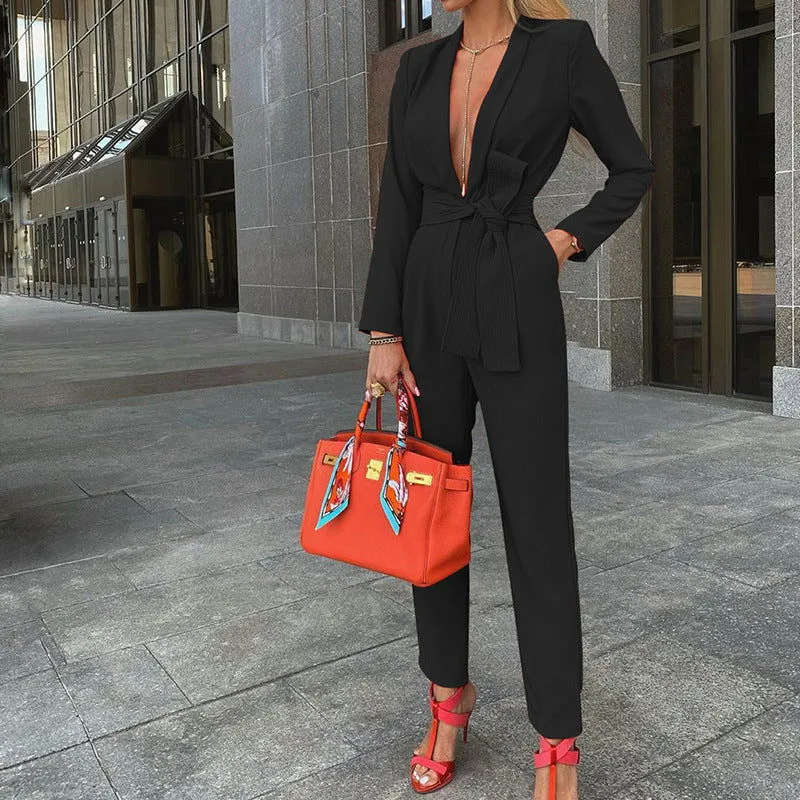 Long-Sleeve Deep Open V-Neck Jumpsuits with Belt