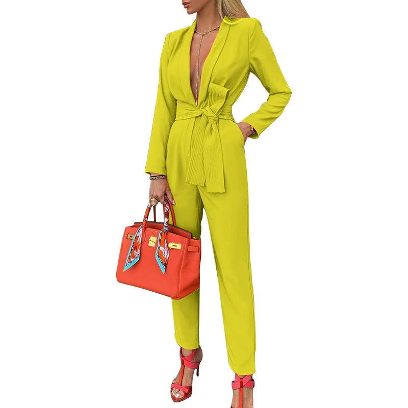 Long-Sleeve Deep Open V-Neck Jumpsuits with Belt