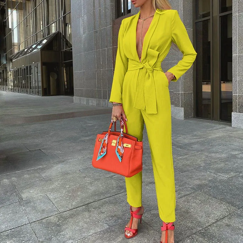 Long-Sleeve Deep Open V-Neck Jumpsuits with Belt