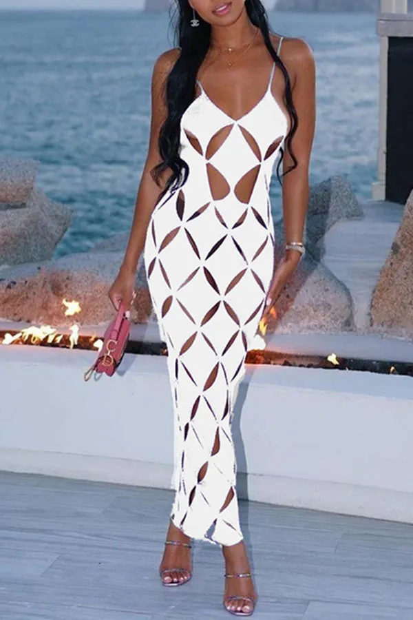 MB FASHION Geometric Cutout Mesh Midi Dress with Spaghetti Straps 4230AT
