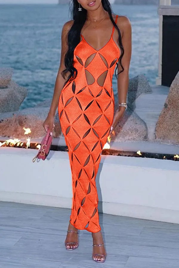 MB FASHION Geometric Cutout Mesh Midi Dress with Spaghetti Straps 4230AT