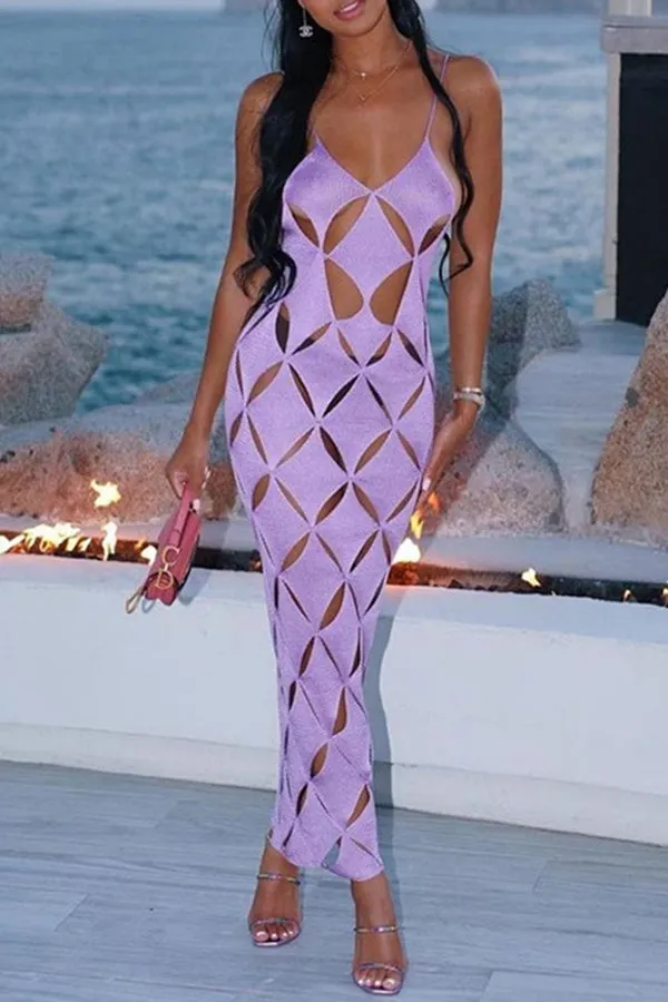 MB FASHION Geometric Cutout Mesh Midi Dress with Spaghetti Straps 4230AT