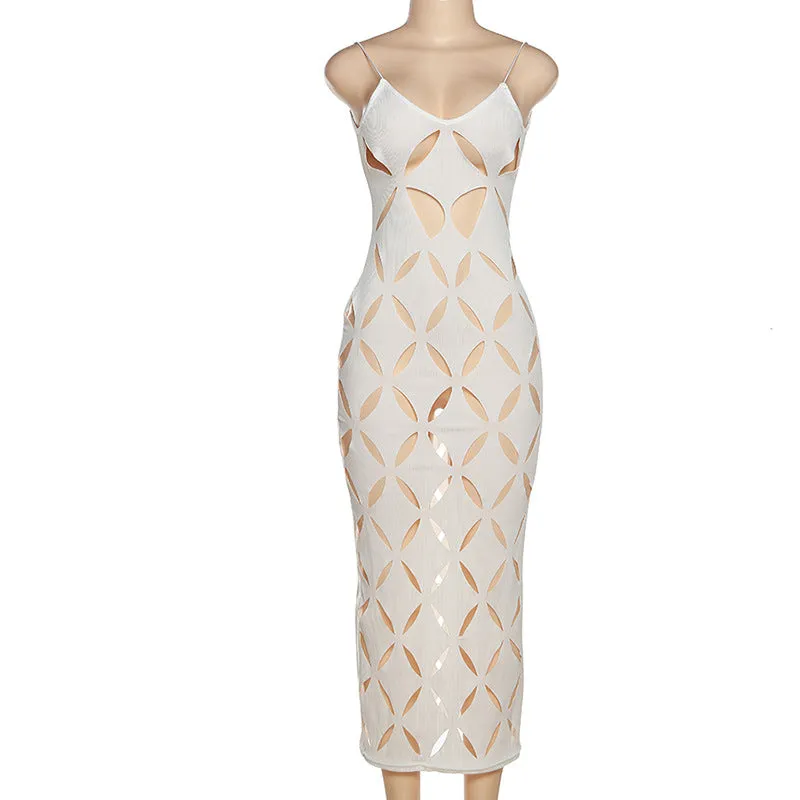 MB FASHION Geometric Cutout Mesh Midi Dress with Spaghetti Straps 4230AT