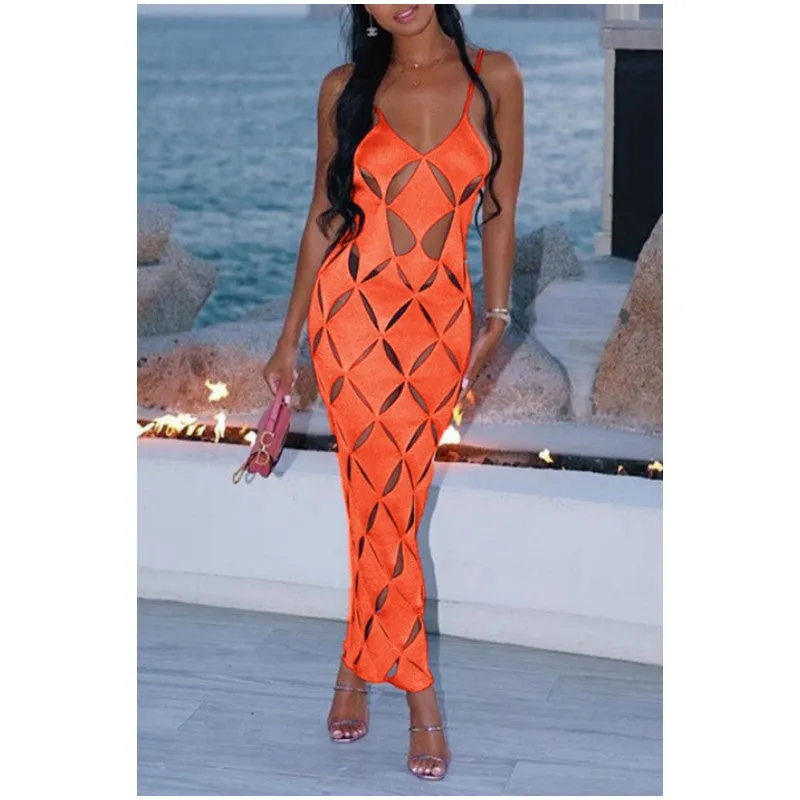 MB FASHION Geometric Cutout Mesh Midi Dress with Spaghetti Straps 4230AT