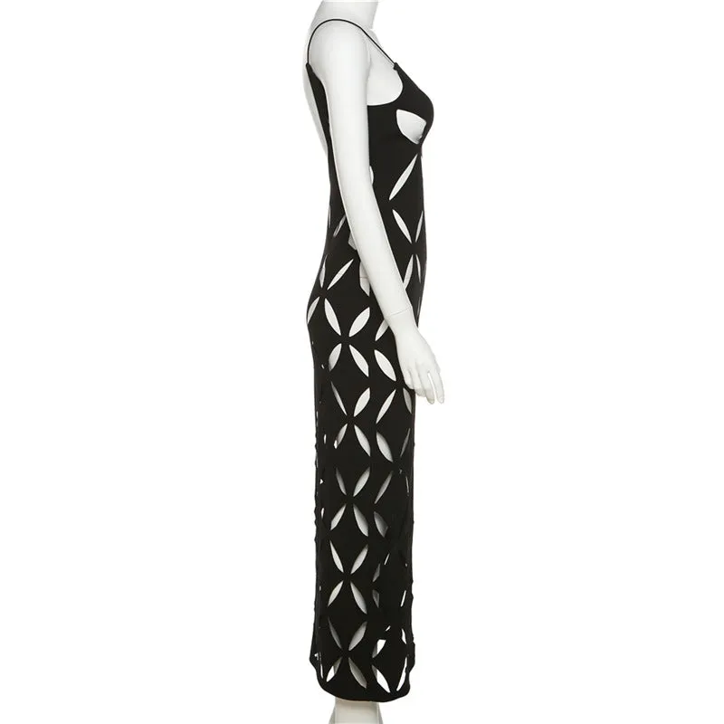 MB FASHION Geometric Cutout Mesh Midi Dress with Spaghetti Straps 4230AT