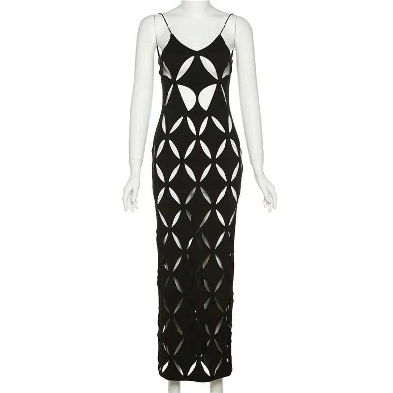 MB FASHION Geometric Cutout Mesh Midi Dress with Spaghetti Straps 4230AT
