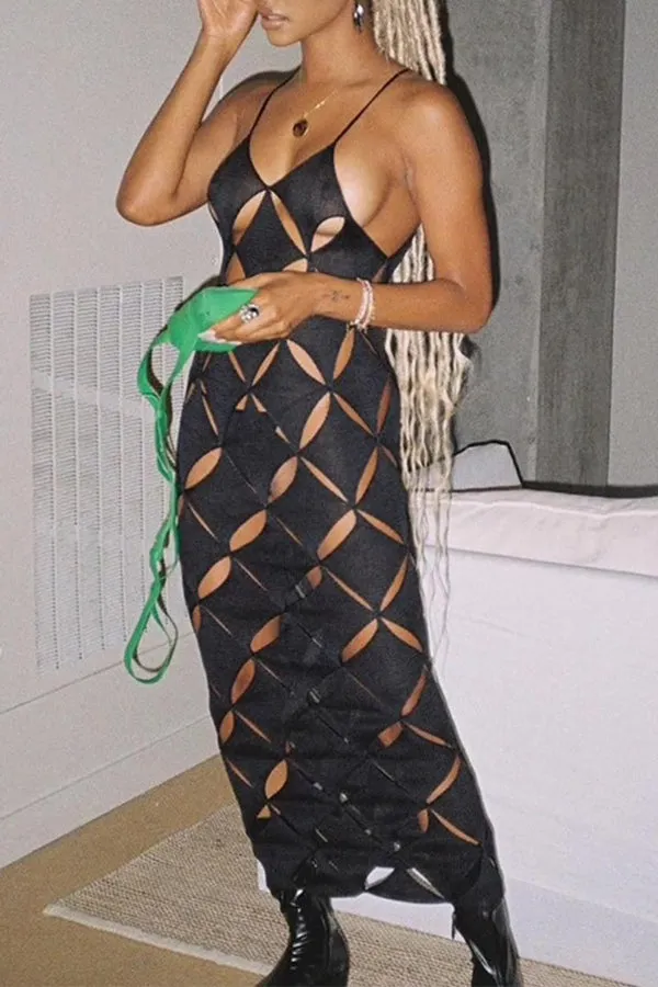 MB FASHION Geometric Cutout Mesh Midi Dress with Spaghetti Straps 4230AT