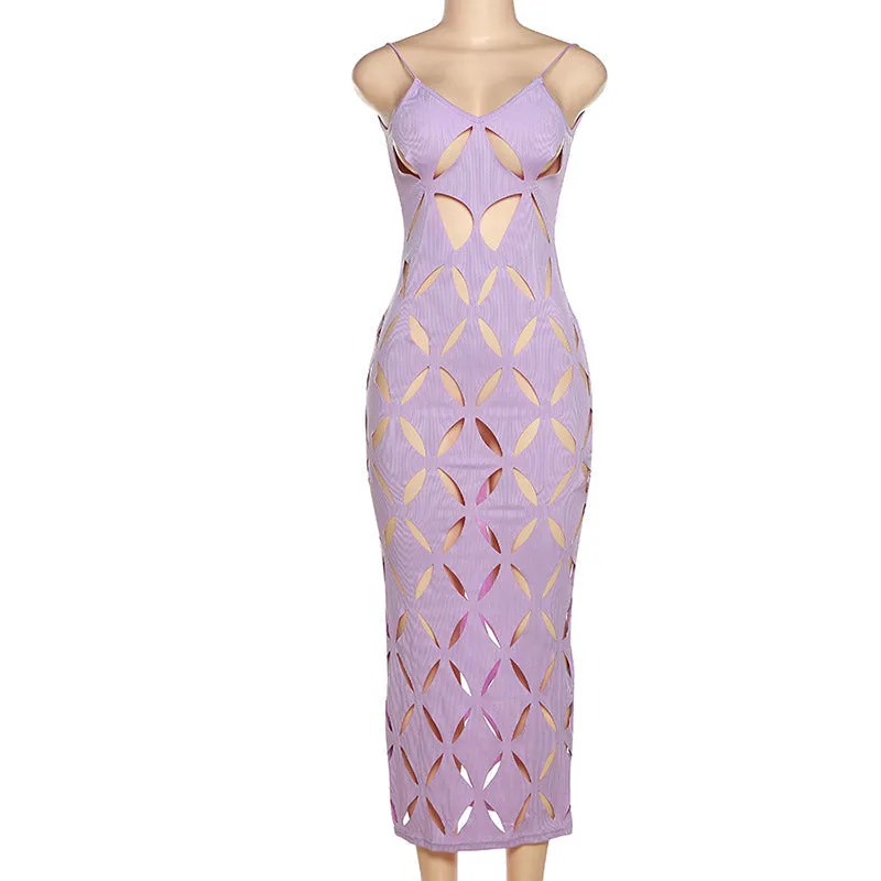 MB FASHION Geometric Cutout Mesh Midi Dress with Spaghetti Straps 4230AT