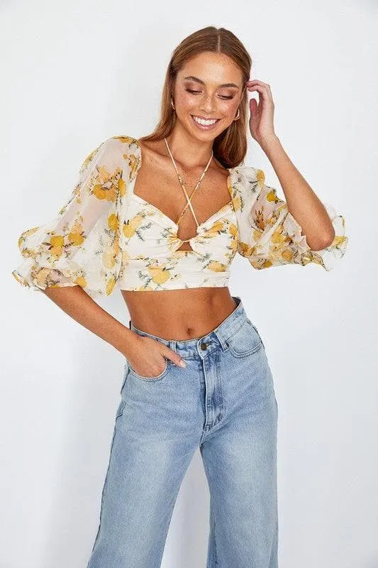 ONE AND ONLY COLLECTIVE Chiffon Balloon Sleeved Bustier Crop Top