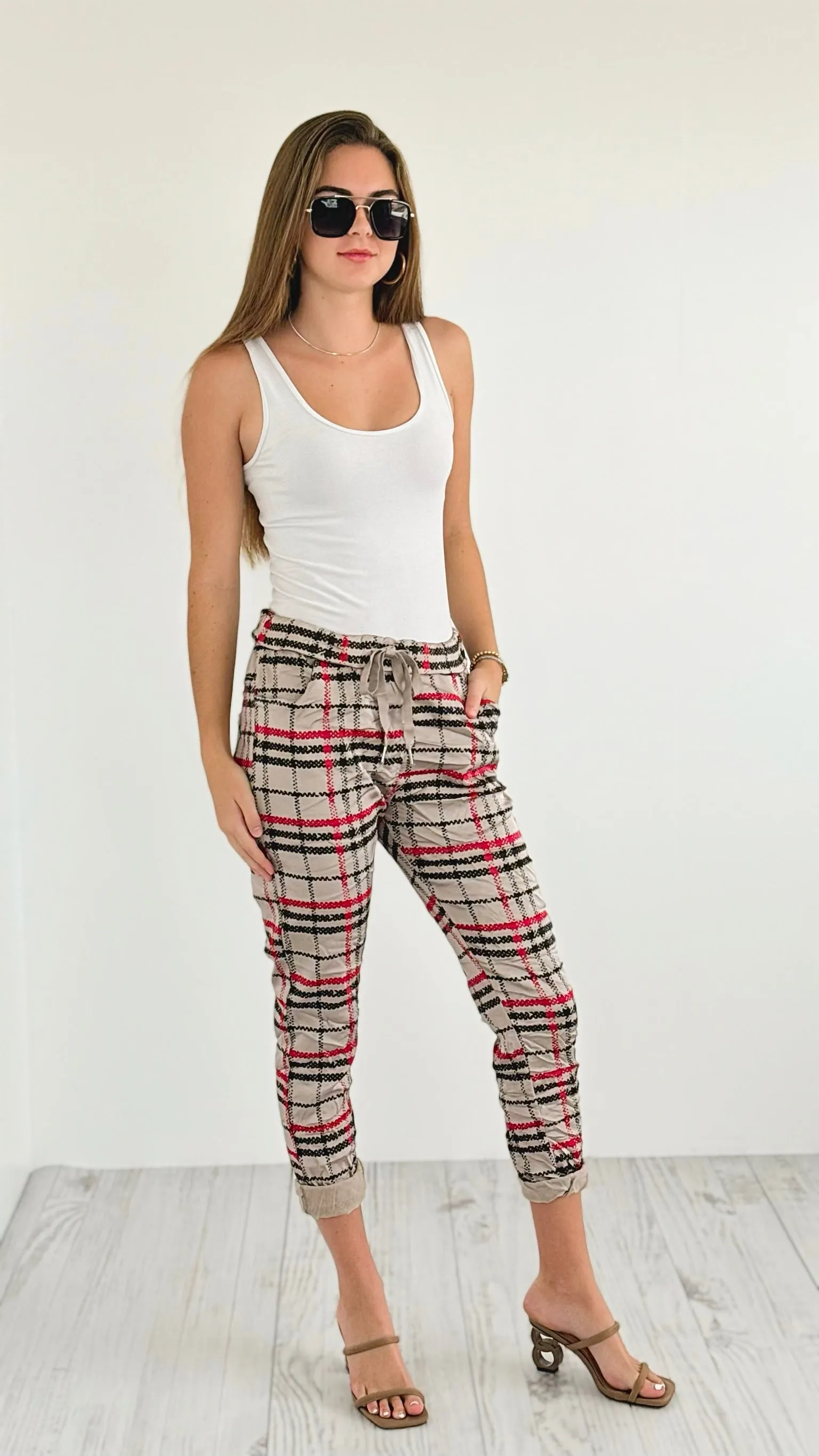 Plaid Wish List Italian Joggers- Sand Beige