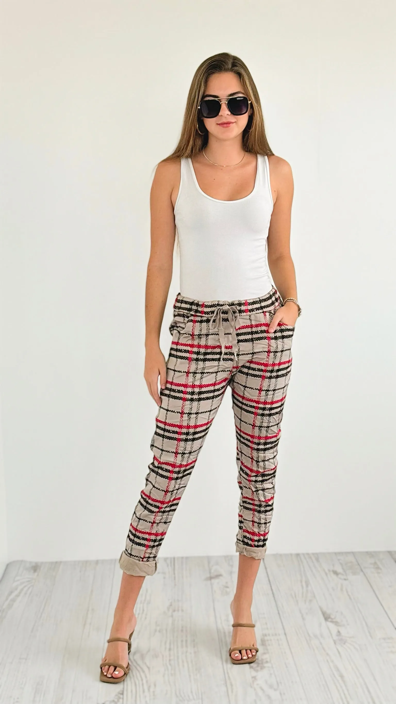 Plaid Wish List Italian Joggers- Sand Beige