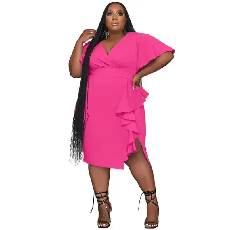 Plus Size V-neck Ruffle Edge Midi Dress