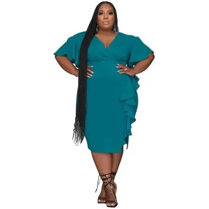 Plus Size V-neck Ruffle Edge Midi Dress