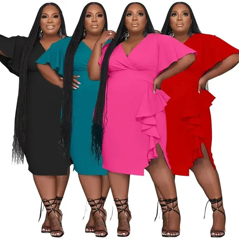Plus Size V-neck Ruffle Edge Midi Dress