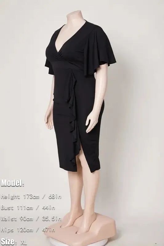 Plus Size V-neck Ruffle Edge Midi Dress