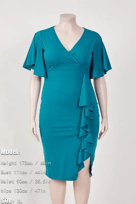 Plus Size V-neck Ruffle Edge Midi Dress