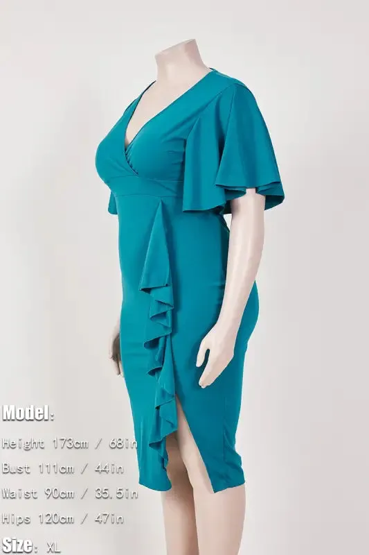 Plus Size V-neck Ruffle Edge Midi Dress