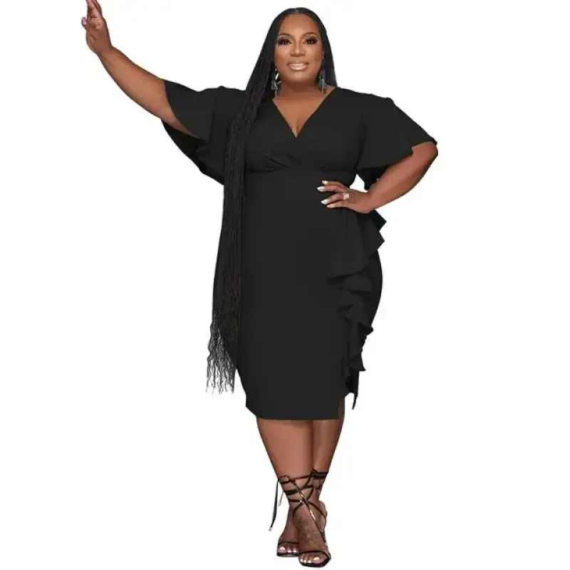 Plus Size V-neck Ruffle Edge Midi Dress