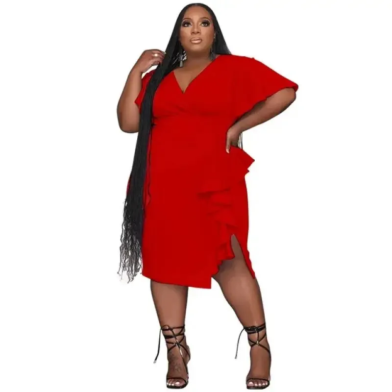 Plus Size V-neck Ruffle Edge Midi Dress