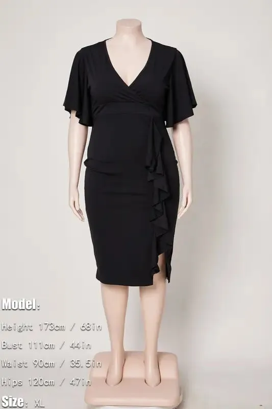 Plus Size V-neck Ruffle Edge Midi Dress