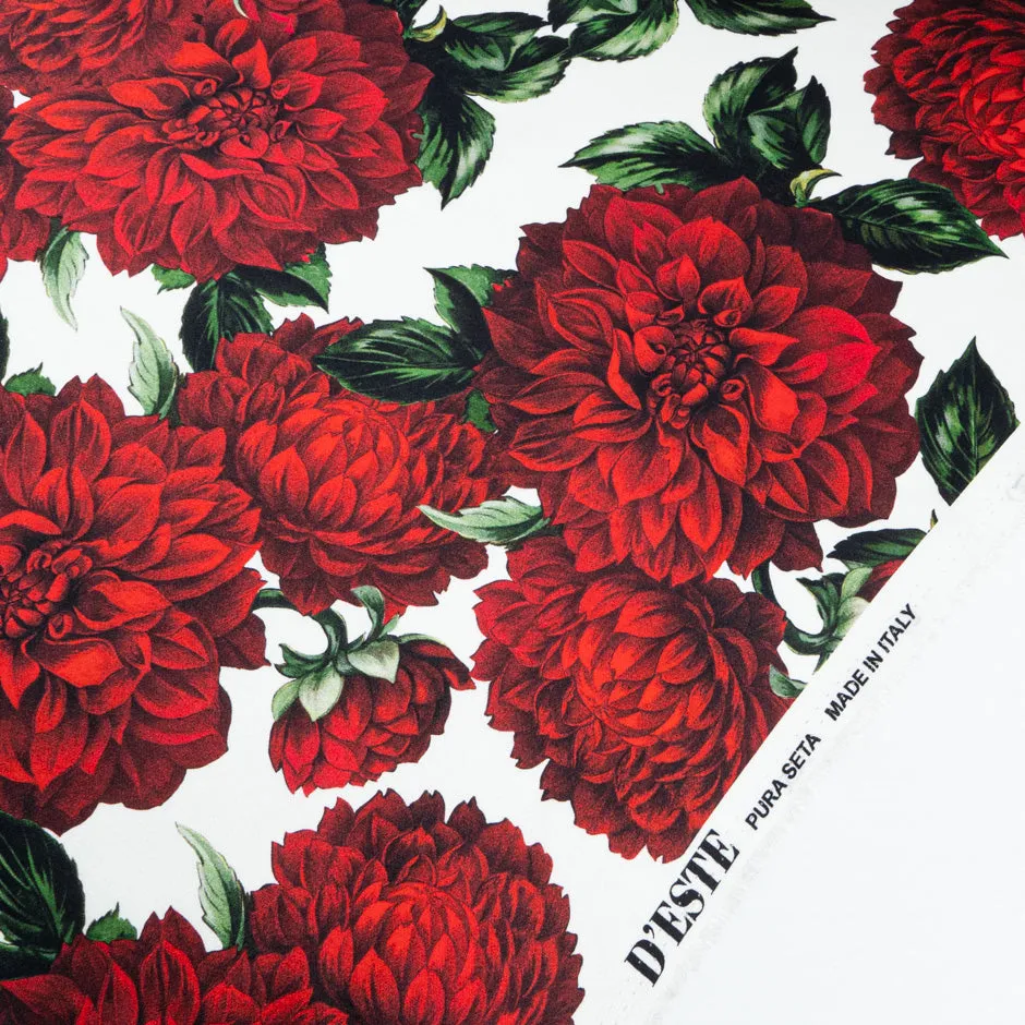Red Floral Printed White Silk Marocain Crêpe (A 2.30m Piece)