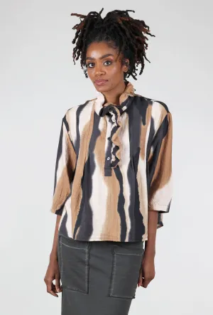 Ruffle-Placket Top, Khaki/Charcoal