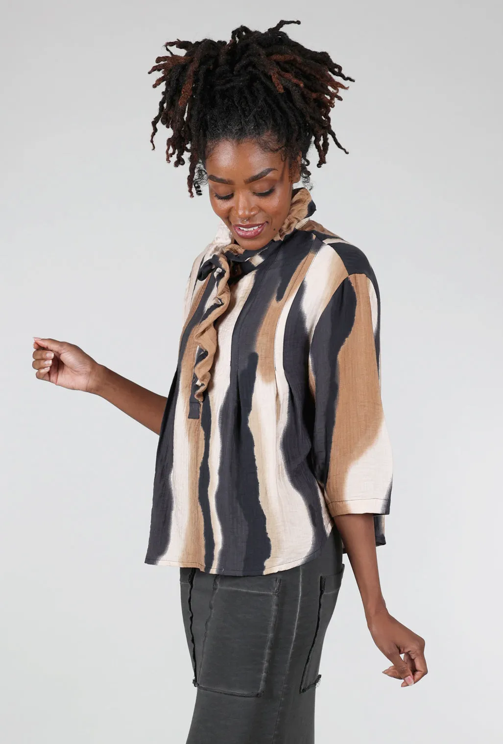 Ruffle-Placket Top, Khaki/Charcoal