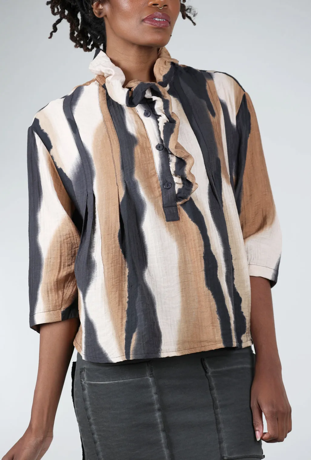 Ruffle-Placket Top, Khaki/Charcoal