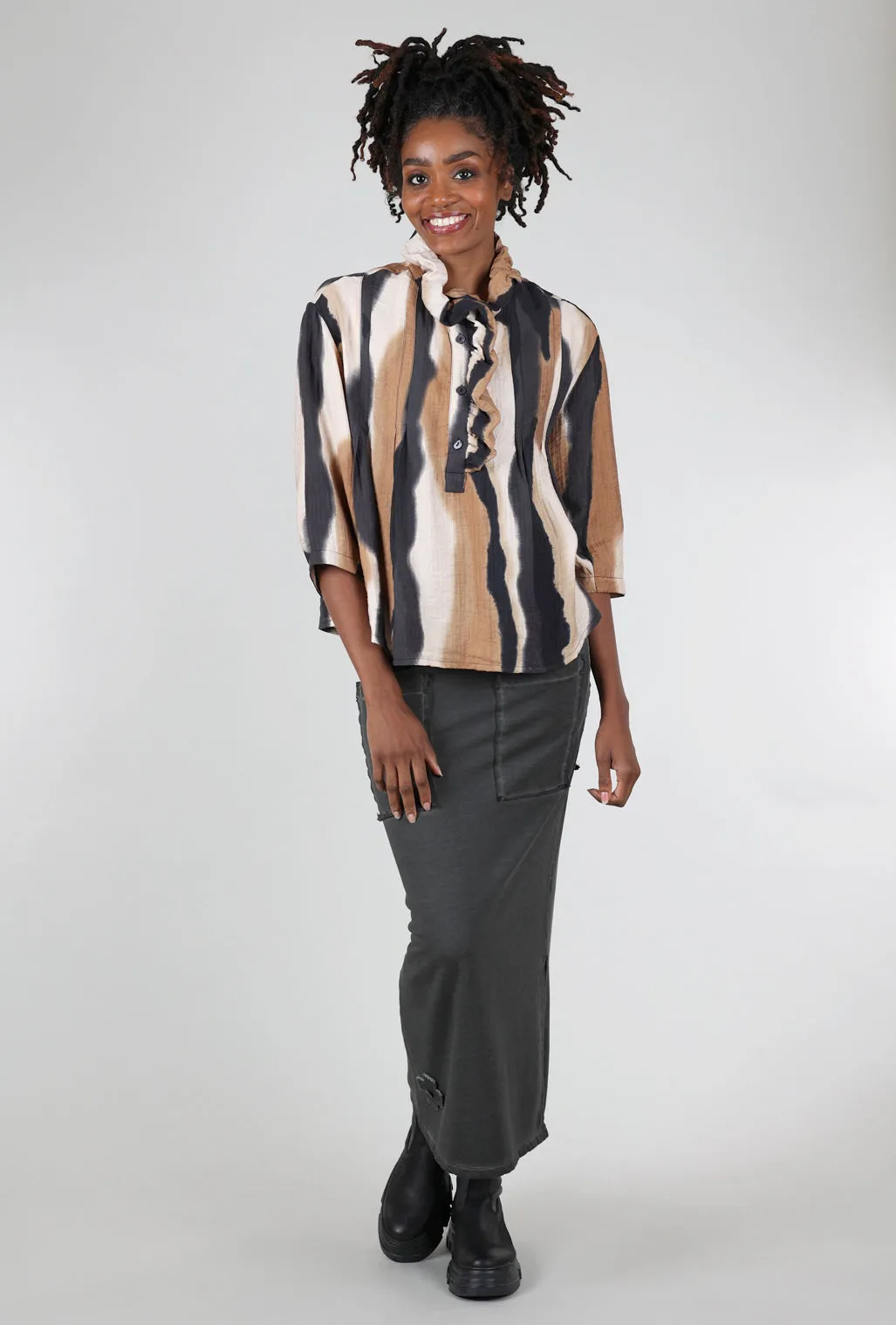 Ruffle-Placket Top, Khaki/Charcoal