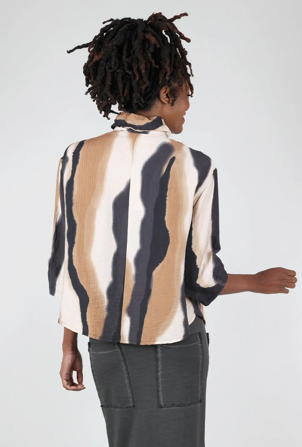 Ruffle-Placket Top, Khaki/Charcoal