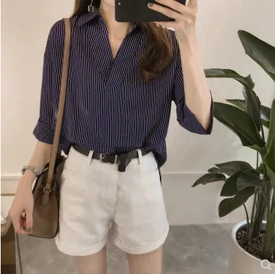 Summer Korean Loose Slim Look Striped Blouse Three-Quarter Length Sleeves Tops All-Matching Casual Blouse