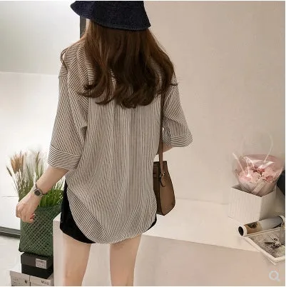 Summer Korean Loose Slim Look Striped Blouse Three-Quarter Length Sleeves Tops All-Matching Casual Blouse