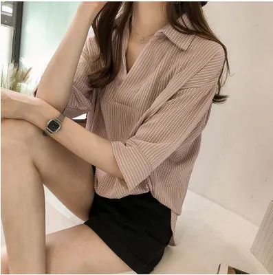 Summer Korean Loose Slim Look Striped Blouse Three-Quarter Length Sleeves Tops All-Matching Casual Blouse