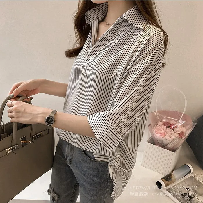 Summer Korean Loose Slim Look Striped Blouse Three-Quarter Length Sleeves Tops All-Matching Casual Blouse