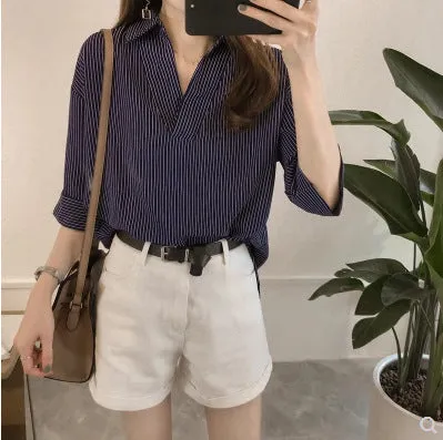 Summer Korean Loose Slim Look Striped Blouse Three-Quarter Length Sleeves Tops All-Matching Casual Blouse