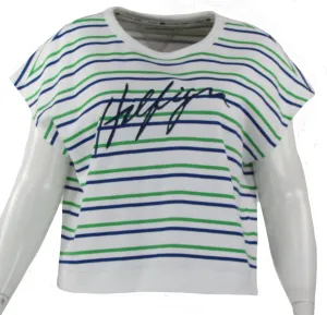 Tommy Hilfiger Women's Sport Plus Size Striped Short Sleeve Sweatshirt White