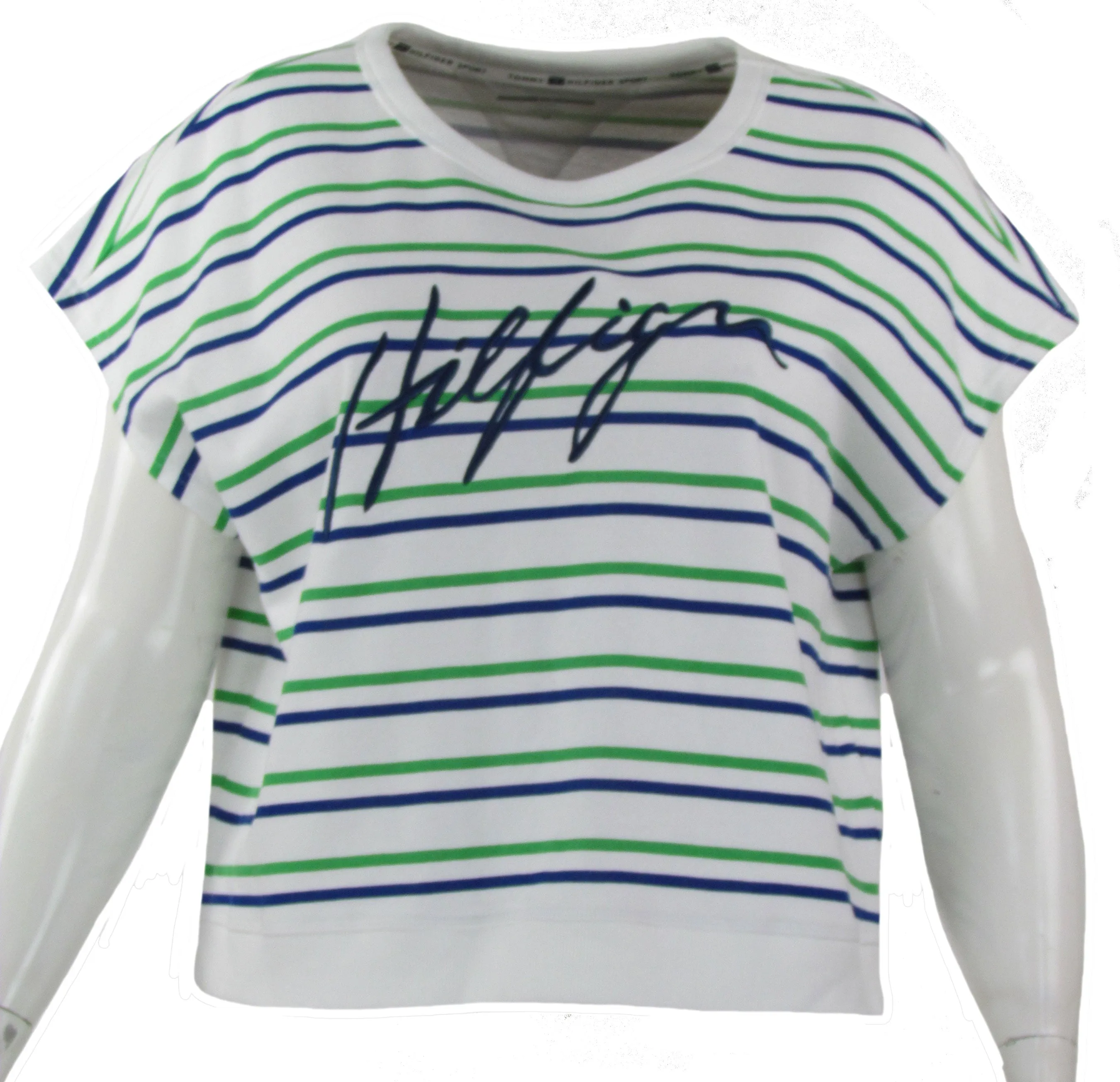 Tommy Hilfiger Women's Sport Plus Size Striped Short Sleeve Sweatshirt White